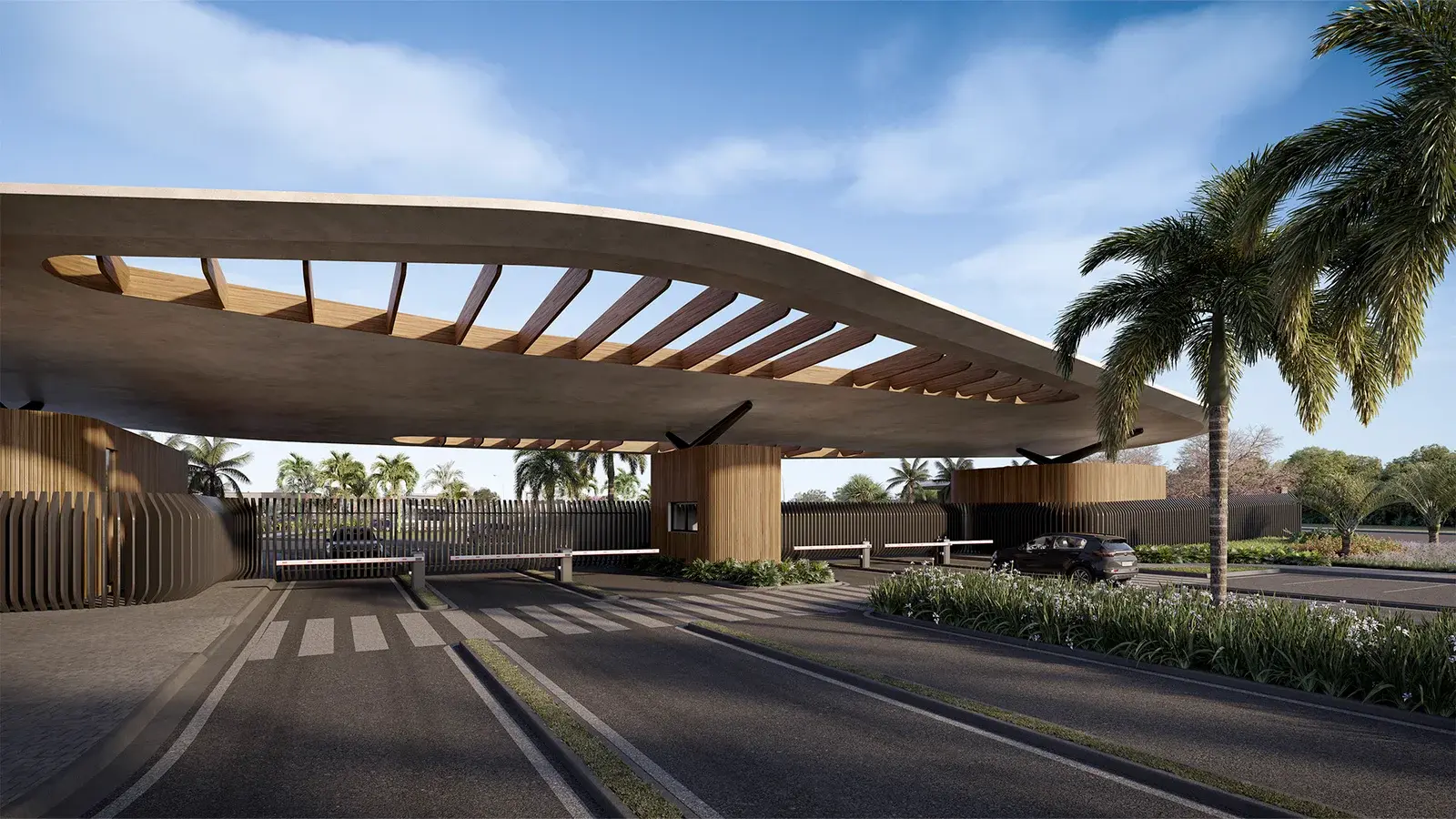 Portal de entrada com cobertura curva de madeira