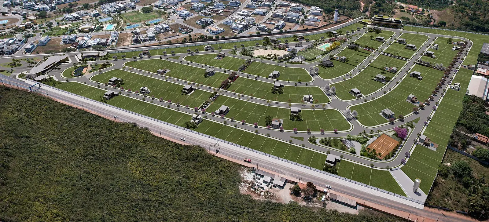 Vista aérea do bairro com ruas, quadras e lotes